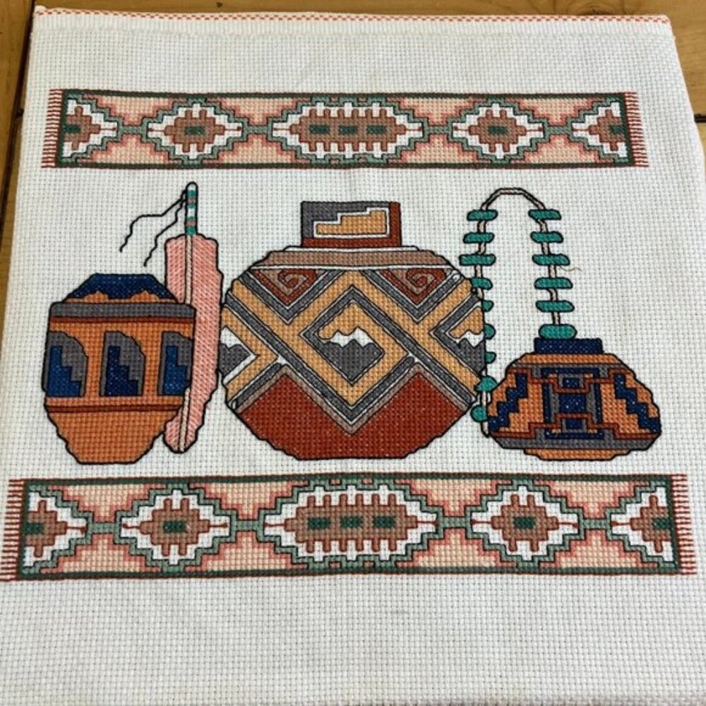Southwestern Pueblo Pottery Completed Cross Stitch Embroidery Vintage 10 x10